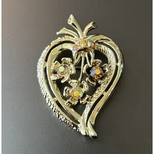 Vintage Gold Tone Heart Shaped Aurora Borealis Stone Brooch Pin Dr Nurse Gift